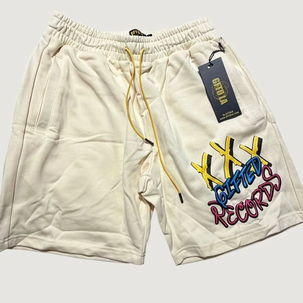 GFTD LA XXX Records Shorts Mens Medium Bone Cream Graphic Fleece Sweat Shorts